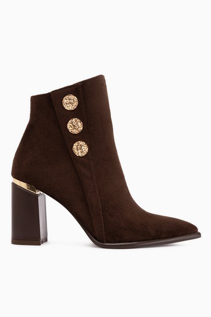 Mayvi Brown Suede Buckle Detailed Heeled Women's Boots