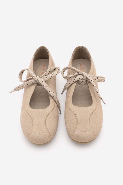 Women's Suede Textured Lace-Up Detailed Round Toe Mary Jane Sports Ballerina Sneaker Palivoy Beige Suede