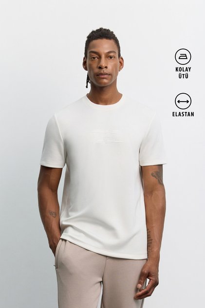 Men's Ecru Crew Neck Printed Viscose Blended Easy-Iron Regular Fit T-Shirt A62Y1008