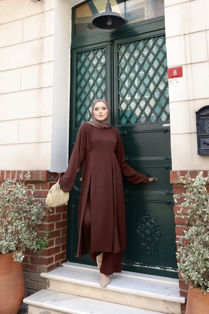 Hijab Double Set Bitter Brown Eflin Hakim Collar Slit Detailed Tunic Pants