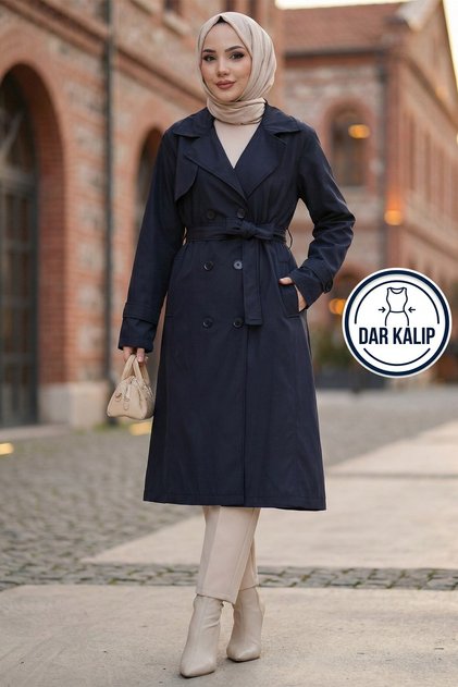 Belted Buttoned Trench Coat Navy Blue Hm2890