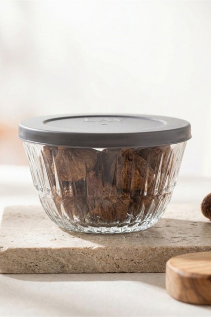 Alinda Glass Storage Container Set of 6 Small Size 215 ml Round Gray Plastic Lid (Breakfast)