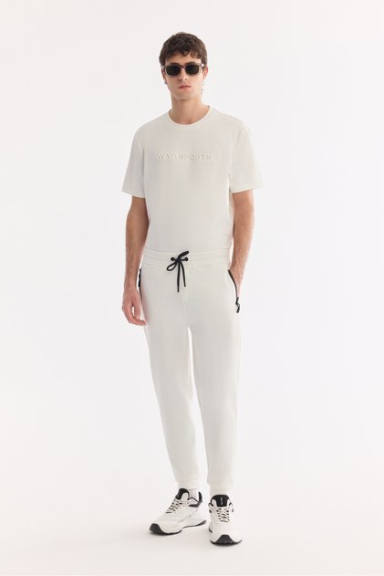 Men's White Elastic Waist Lace-Up Bi-Stretch Regular Fit Sweatpants B003400