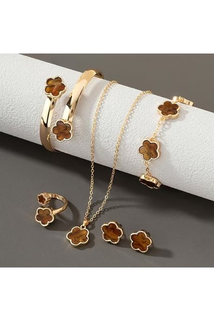 Brown 5-piece set LENNIK New Hot Sale Lucky Flower Jewelry Set, Colorful Blossom Bracelet Bangle Clo