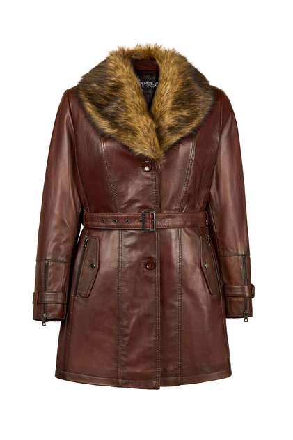Rhoda(Plus) Women's Brown Wide Fit Collar Fur-Trimmed Leather Coat 25Wge5293Nc