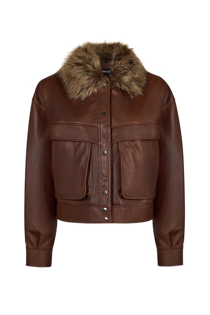 Margot Women's Whiskey Short Collar Fur Leather Jacket 26Wgd5724Ml