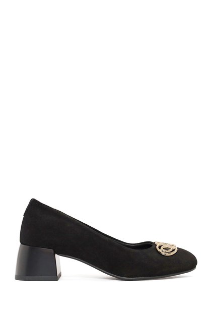 Women's Black Short Thick Heeled Suede Leather Stiletto Af410009Ds