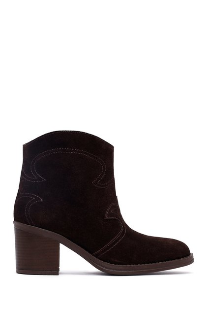 Women's Brown Thick Heeled Suede Leather Cowboy Boots Af230005Ds