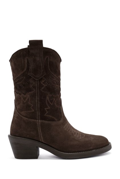 Women's Brown Short Thick Heeled Suede Leather Cowboy Boots Af190001Ds