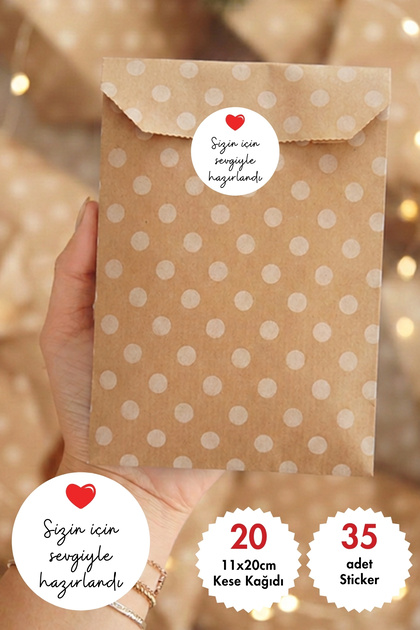 Gift Package Set of 20 – 20 Pieces of 11X20 cm Polka Dot Paper Bags + 35 Stickers