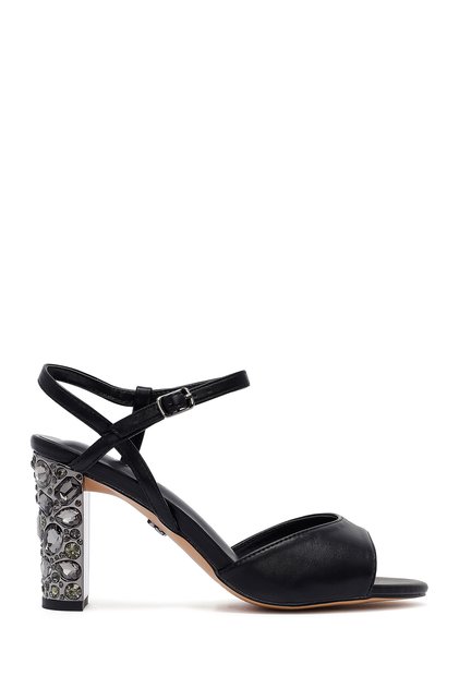Women's Black Ankle Buckle Metallic Thick Heeled Sandals 25Sfe466932
