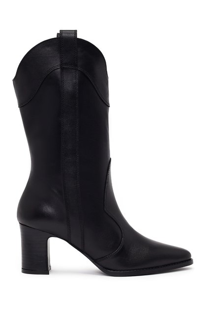 Women's Black Thick Heeled Leather Cowboy Boots Wf160010Dv