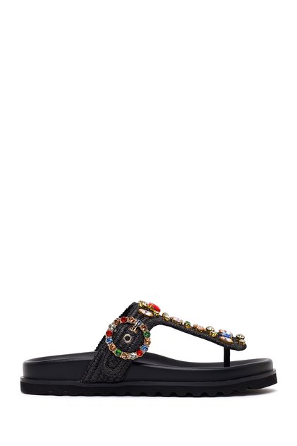 Women's Black Stone Straw Flip Flops 26Sfd4420M7
