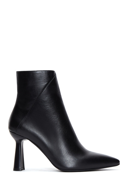 Women's Black Zippered Thin Heeled Leather Boots 25Wfd130718