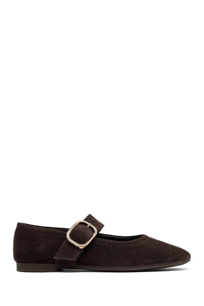 Women's Brown Buckle Suede Genuine Leather Ballerina Shoes 25Afd270210