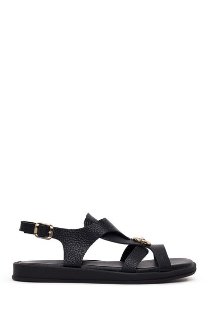 Women's Black Leather Sandals with Back Buckle 26Sfd2046Ft