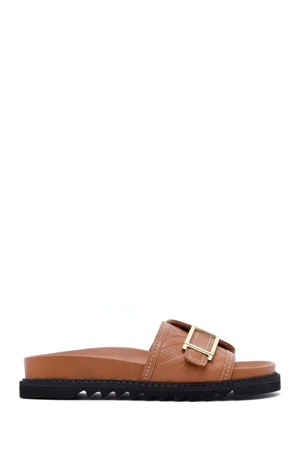 Women's Tan Buckle Leather Slippers 25Sfd230218