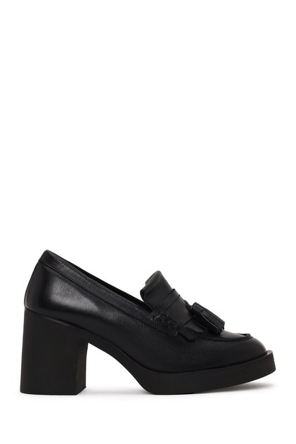 Women's Black Thick Heeled Tasseled Leather Loafer Af450012Dv