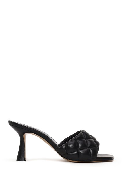 Women's Black Printed Thin Heeled Leather Slippers 26Sfd122118