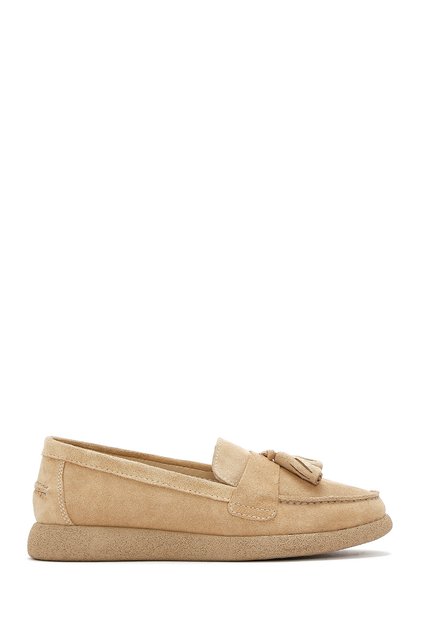 Women's Beige Suede Leather Shoes, Comfort Loafer 26Pfd150510