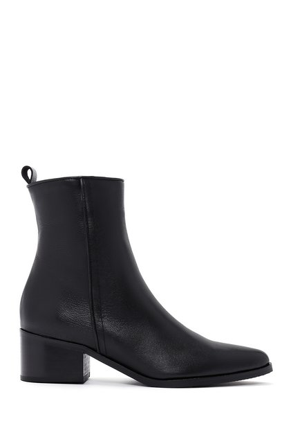 Women's Black Zipper Detailed Short Heeled Leather Boots Wf170009Dv