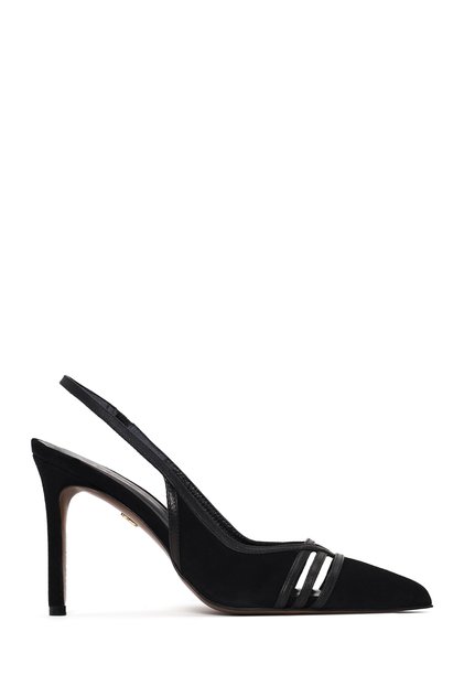 Women's Black Open Back Thin Heeled Suede Leather Shoes Af100003Ds
