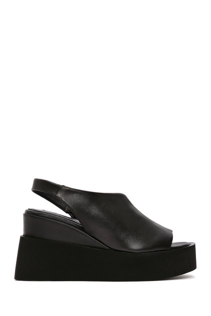 Women's Black Leather Sandals with Filled Heels 26Sfd200818