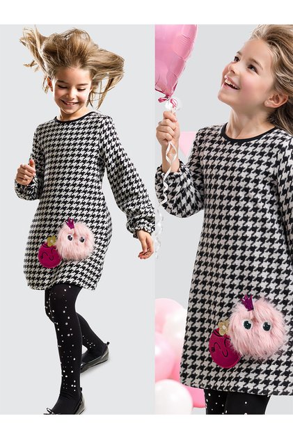 Girl's Winter Woven Black Appliqued Long Sleeve Dress 2-8 Years