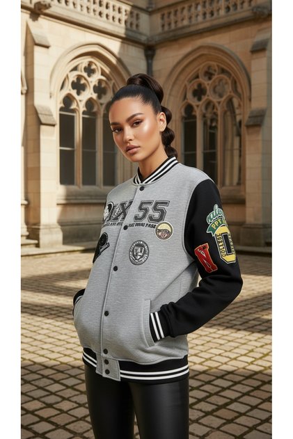 Unisex College Embroidery Detailed Oversize Varsity Jacket