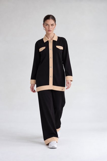 Button-Detail Pantsuit, Black - Dark Beige
