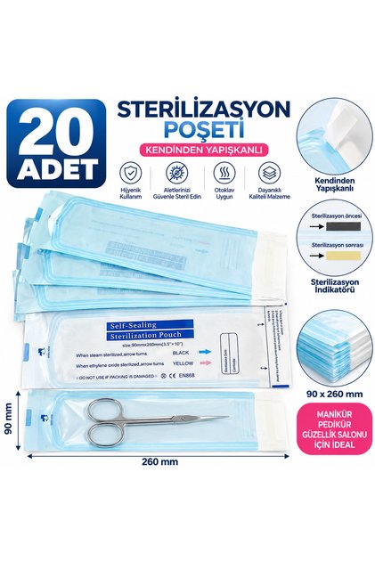 Sterilizasyon Poşeti Kraft Manikür Aleti 20 li Sterilizasyon Paketi 20 Adet