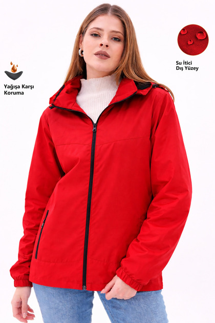 Women's Red Removable Hooded Raincoat Coat
