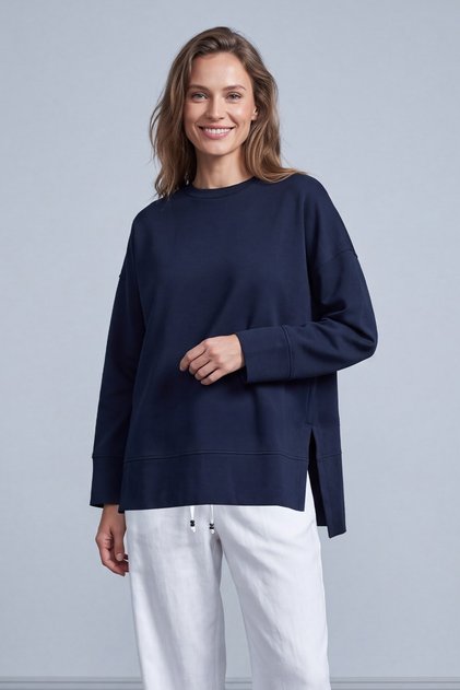 Yırtmaçlı Yuvarlak Yaka Sweatshirt Lacivert