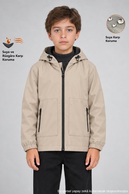 Boy's Stone Lined Water and Windproof Hooded Double Zipper Pocket Raincoat
