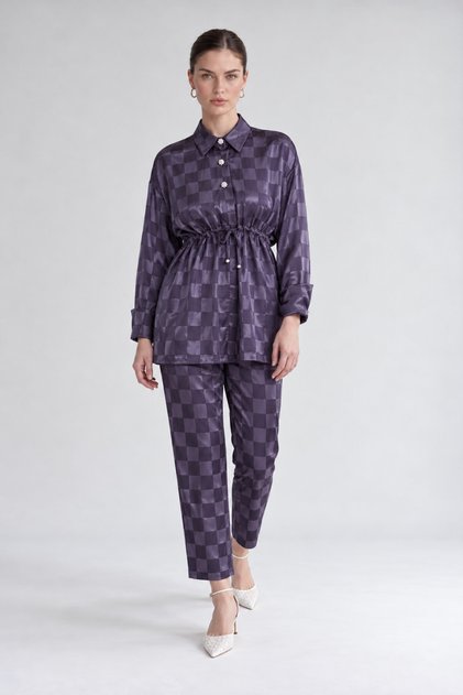 Jacquard Pattern Jacketed Two-Piece Set, Anthracite