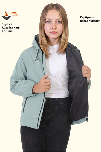 Girl's Mint Green Lined Water and Windproof Hooded Raincoat with Double Zipper Pockets