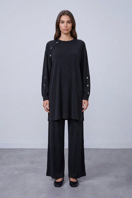 Sleeve and Collar Snap Button Tunic Trouser Set Black