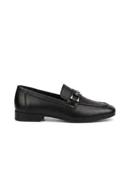 Women's Black Genuine Leather Loafer Shoes with Metal Accessories Hl.33100 Black