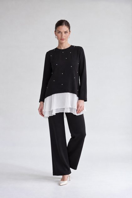 Black Tunic Set with Chiffon Details and Buckle Detail