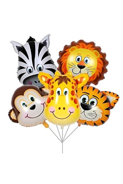 Set de 5 baloane din folie metalică, figurine animale sălbatice, 30 cm, ambalaj individual, pai inclus, U