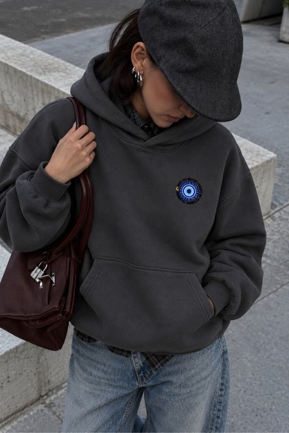 Unisex Oversize Sweatshirt Hoodie with Evil Eye Bead Print, Smoked Hooded, with Pockets