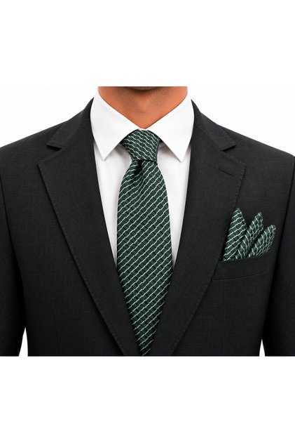 7 cm Green Black White Patterned Tie and Handkerchief Set