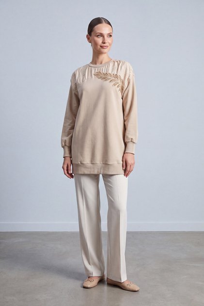 Leaf Sequined Gathered Shoulder Detail Tunic Dark Beige