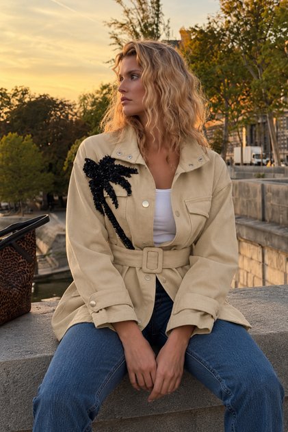 Black Palm Embroidered Cream Color Jean Jacket