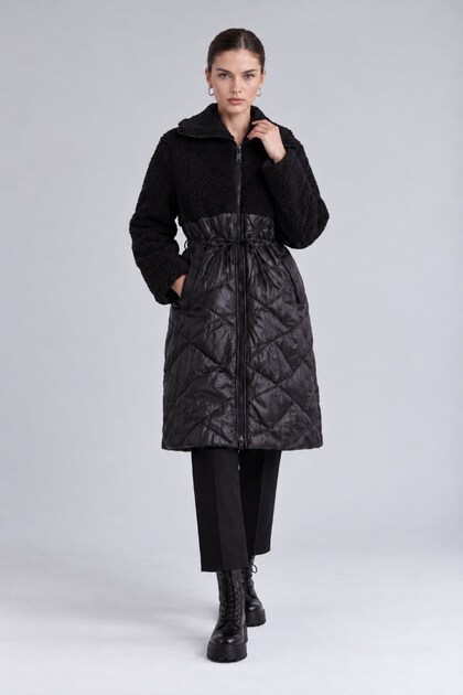 Quilted Jacket with Visible Stitching and Ruched Drawstring, Black