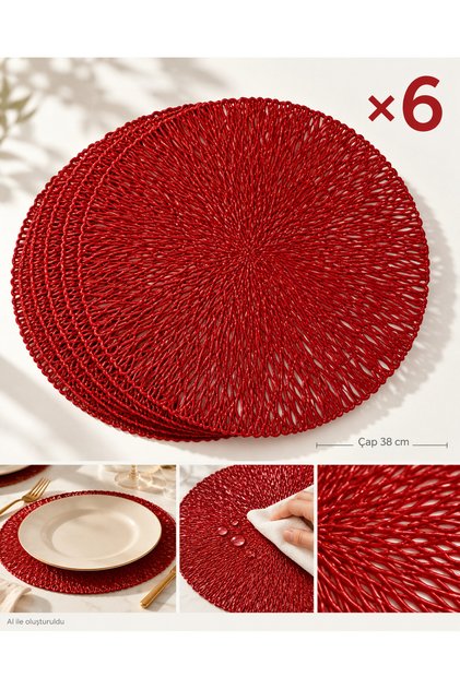 Set of 6 Red Mesh Placemats with Mesh Pattern—Vinyl, Non-Slip, Washable, Heat-Resistant