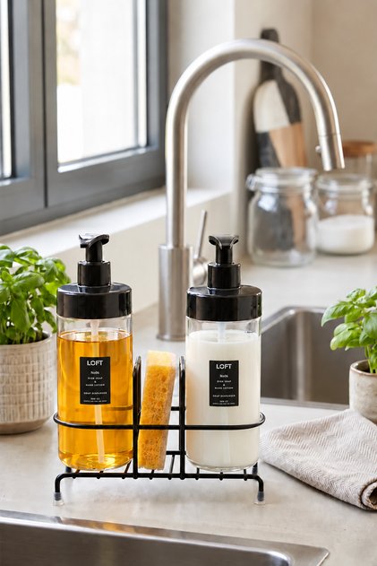 Kitchen Liquid Soap Dispenser And Sponge Holder Set With Stand, Countertop Double Liquid Dishwashing Detergent Dispenser