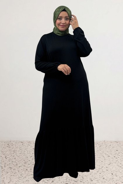 52034 Plus Size Skirt with Ruffles Combed Cotton Dress - Black