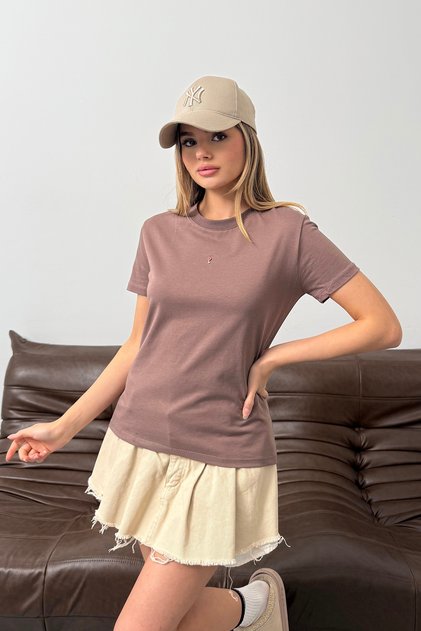Women's 100% Cotton T-Shirt with Key Accessory Light Brown - 26Y 26515