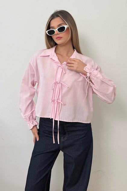 Women's Tie-Detail Long Sleeve Crop Shirt Pink - 2022